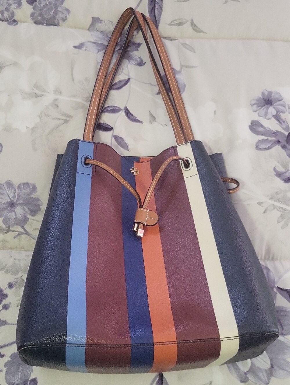 Tory Burch Navy Multi-Stripe Leather Drawstring Tote - Picture 9 of 15